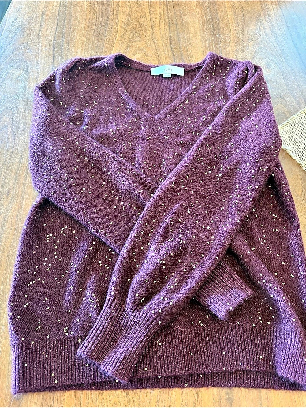 LOFT Purple Sequin V-Neck Sweater Size XS Like New